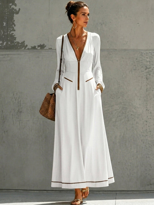 A-Line High Waisted Pockets Solid Color Zipper Deep V-Neck Maxi Dresses
