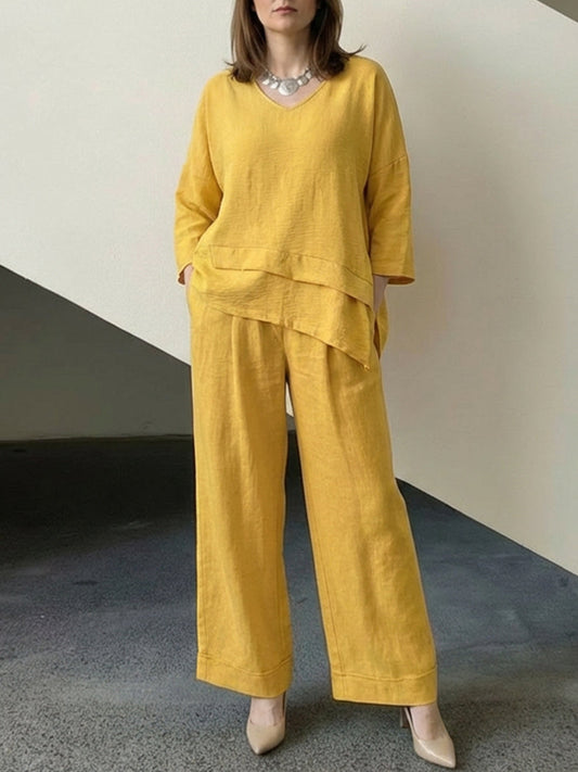 Loose Long Sleeves Asymmetric Split-Joint Top + Wide Leg Pants Two Pieces Set