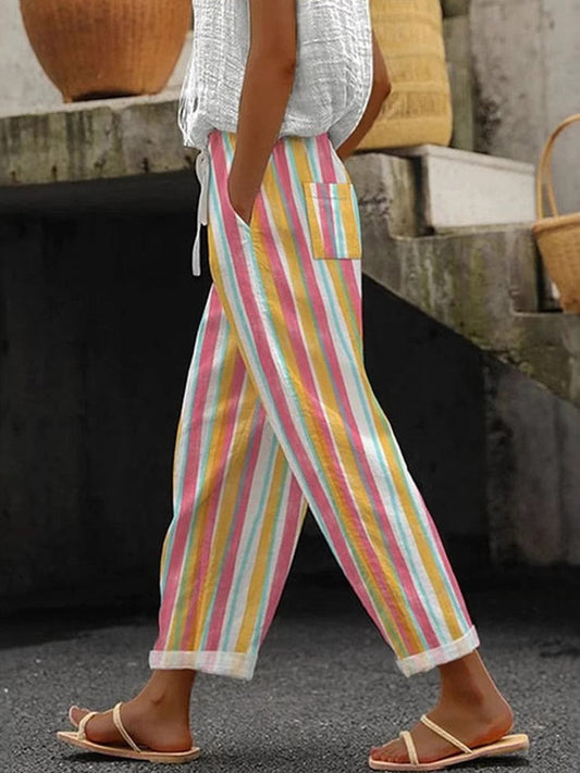 High Waisted Plus Size Contrast Color Drawstring Elasticity Pockets Printed Split-Joint Pants Trousers