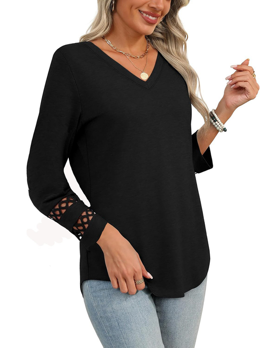 Long Sleeves Loose Hollow Solid Color Split-Joint V-Neck T-Shirts Tops