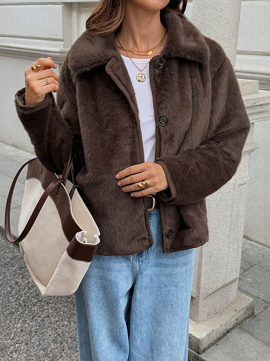 Long Sleeves Loose Buttoned Pockets Solid Color Split-Joint Lapel Outerwear