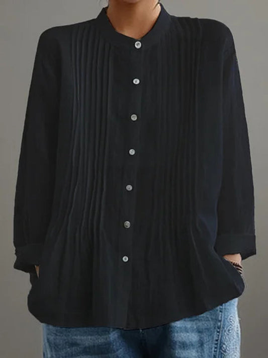 Long Sleeves Loose Buttoned Pleated Solid Color Round-Neck Blouses&Shirts Tops