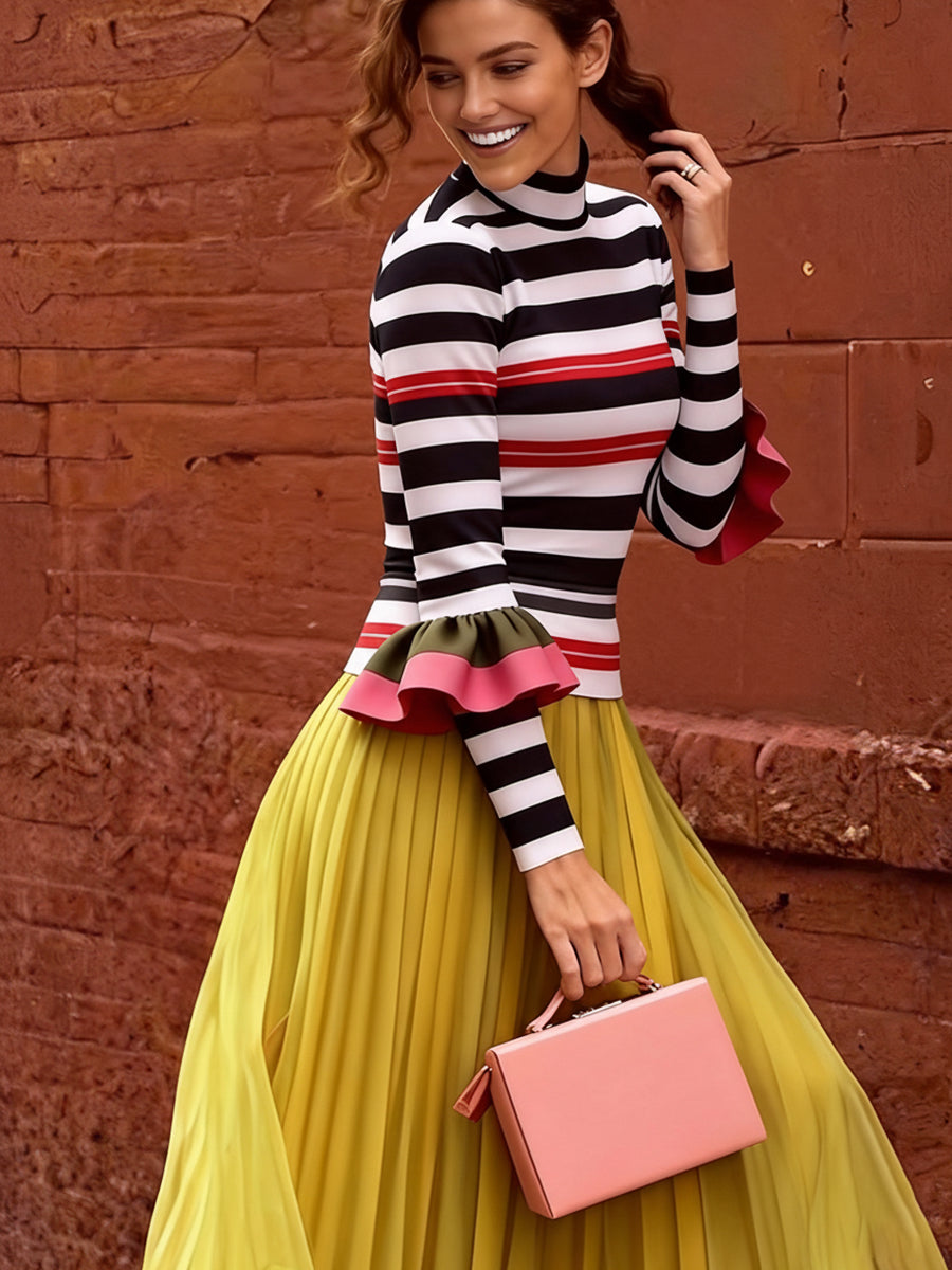 Long Sleeves Skinny Contrast Color Ruffled Split-Joint Striped Half Turtleneck Blouses&Shirts Tops