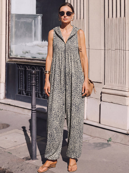 High Waisted Loose Contrast Color Leopard Pleated Pockets Split-Joint Zipper Hooded Anklets Jumpsuits