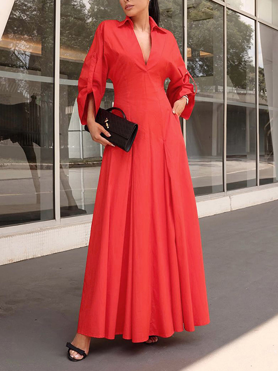 A-Line High Waisted Pleated Solid Color V-Neck Maxi Dresses Shirt Dress