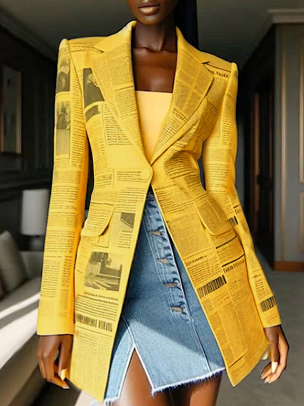 Long Sleeves Newspaper Print Split-Joint Lapel Blazer Suits
