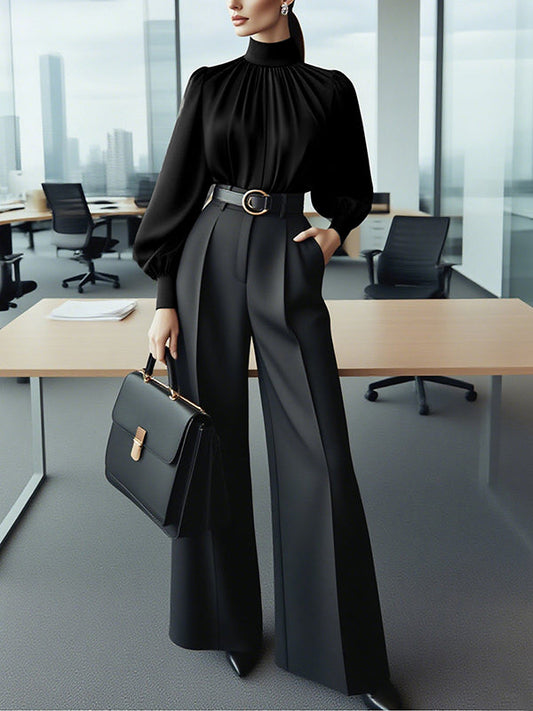 Puff Sleeves Pleated Solid Color Split-Joint High Neck Blouses&Shirts Tops