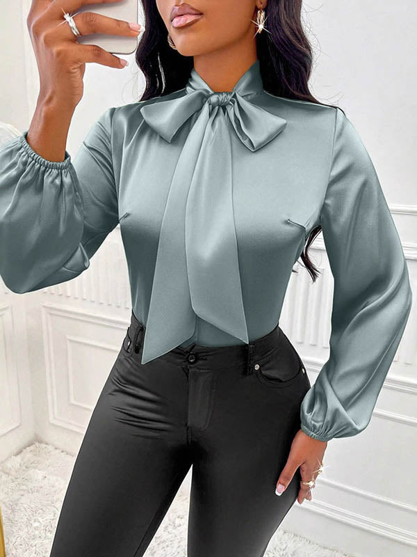 Long Sleeves Loose Bow-Embellished Pleated Solid Color Split-Joint Scarf Collar Blouses&Shirts Tops