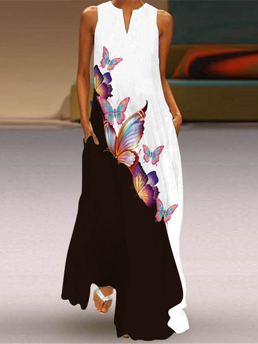 A-Line Loose Contrast Color Pockets Printed Split-Joint V-Neck Maxi Dresses