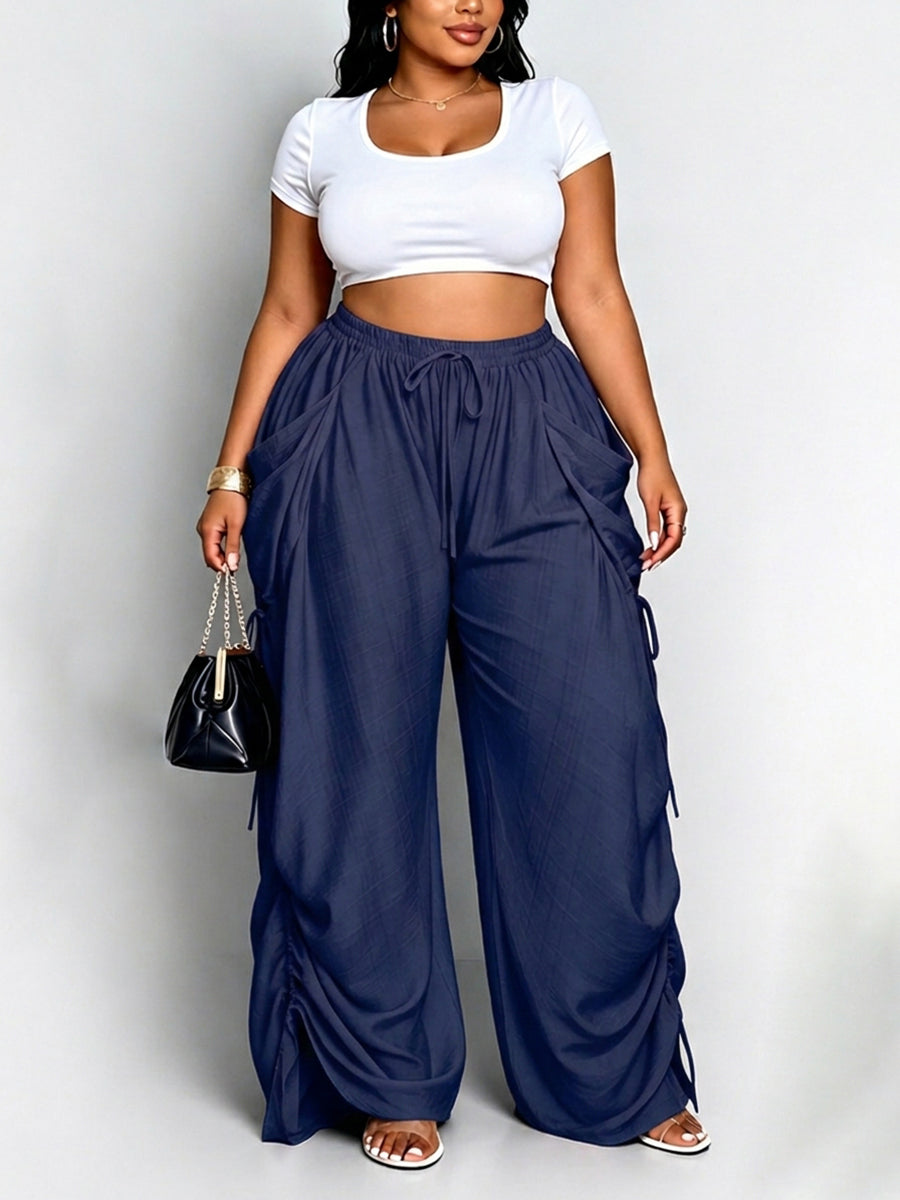 High Waisted Loose Drawstring Elasticity Pockets Split-Joint Pants Trousers