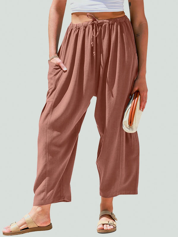 Column Loose Elasticity Pockets Solid Color Casual Pants Bottoms Trousers