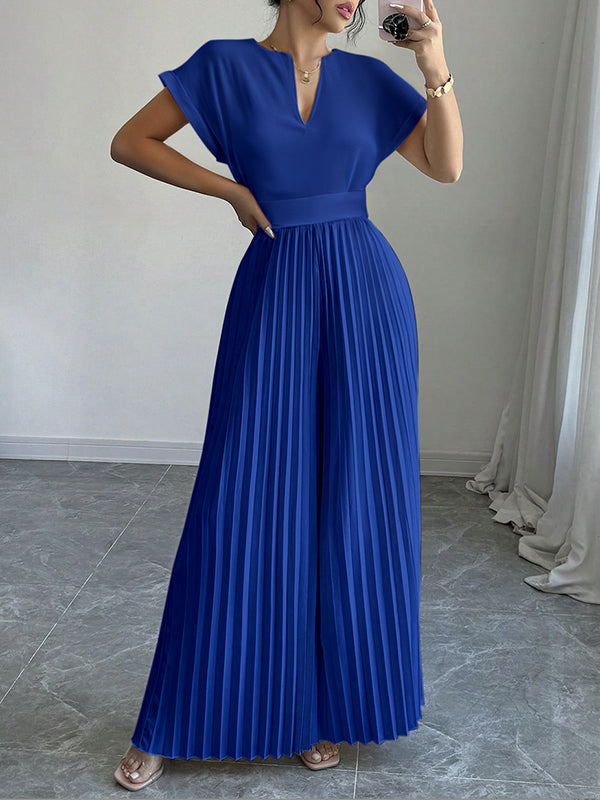 Loose Short Sleeves Pleated Solid Color Split-Joint V-Neck Jumpsuits