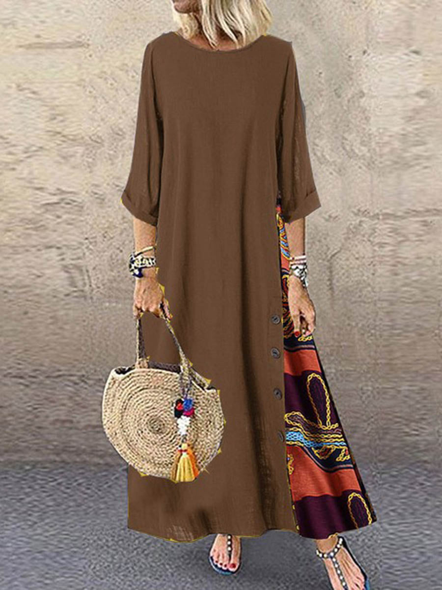 Loose Plus Size Buttoned Contrast Color Printed Split-Joint Round-Neck Midi Dresses