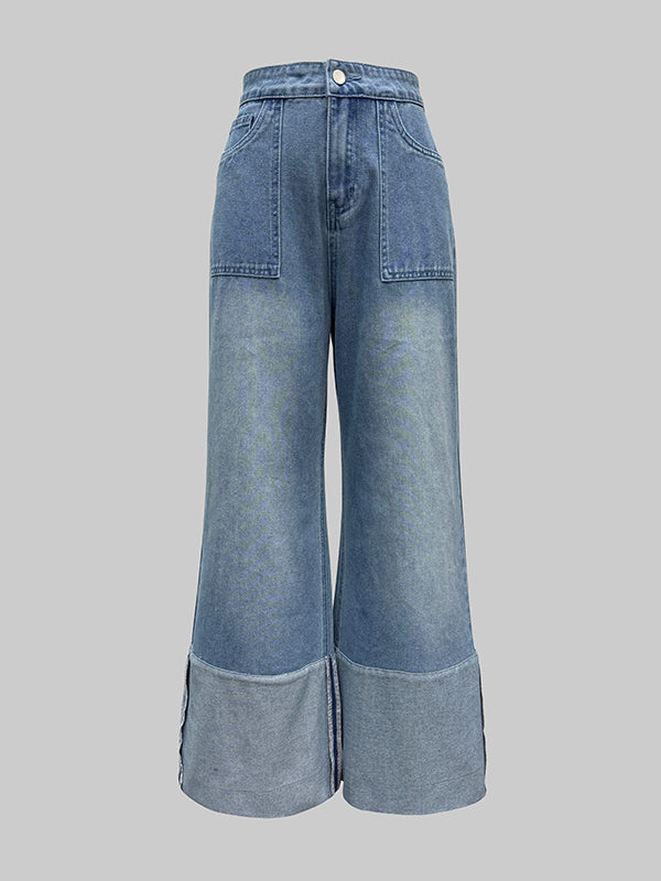High Waisted Wide Leg Contrast Color Pockets Jean Pants Bottoms