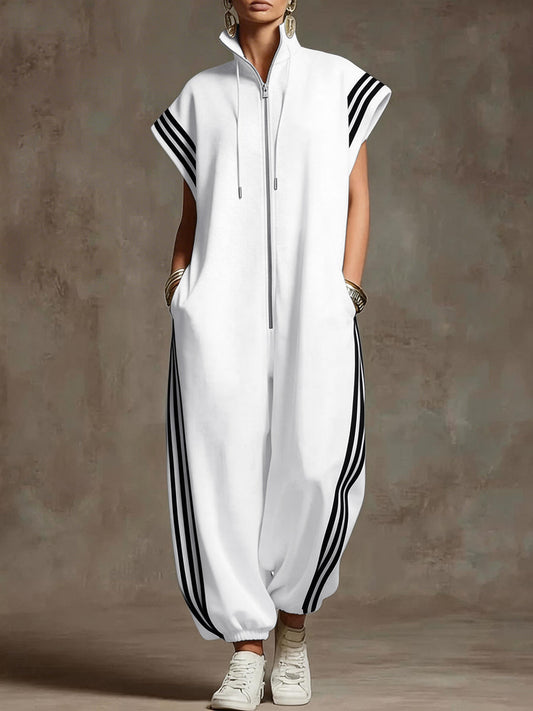 White Plus Size Contrast Color Pockets Split-Joint Striped Zipper Stand Collar Jumpsuits