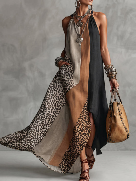 Loose Sleeveless Asymmetric Contrast Color Leopard Pockets Split-Joint Halter-Neck Maxi Dresses