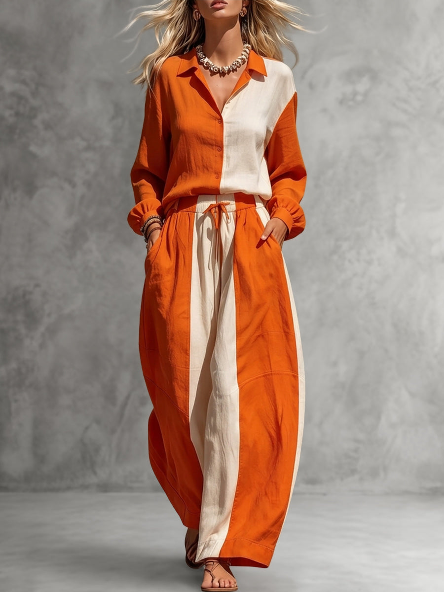 High Waisted Wide Leg Contrast Color Drawstring Elasticity Pockets Pants Trousers