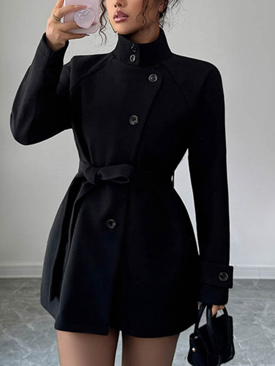 Elasticated Waist High Waisted Asymmetric Buttoned Solid Color Tied Waist Stand Collar Outerwear