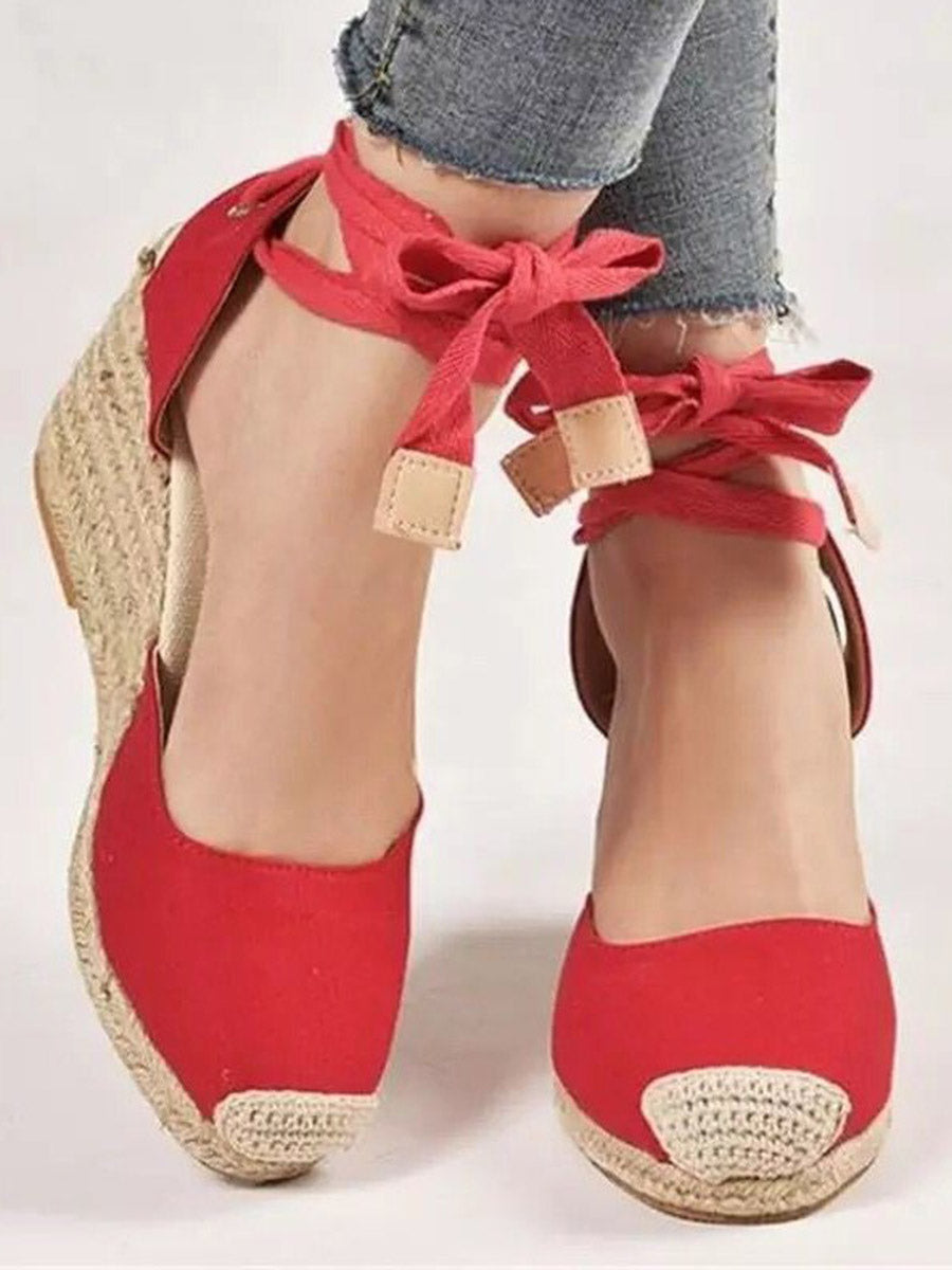 Buckle Split-Joint Square-Toe Lace-Up Ankle Wrap Espadrille Wedge Sandals
