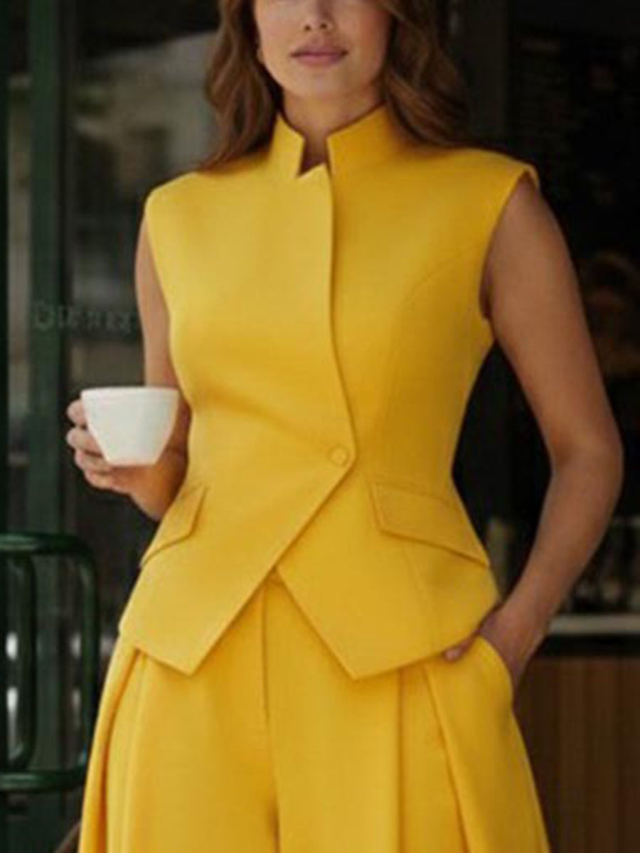 Elasticated Waist High Waisted Asymmetric Buttoned Solid Color Split-Joint Stand Collar Tank Top