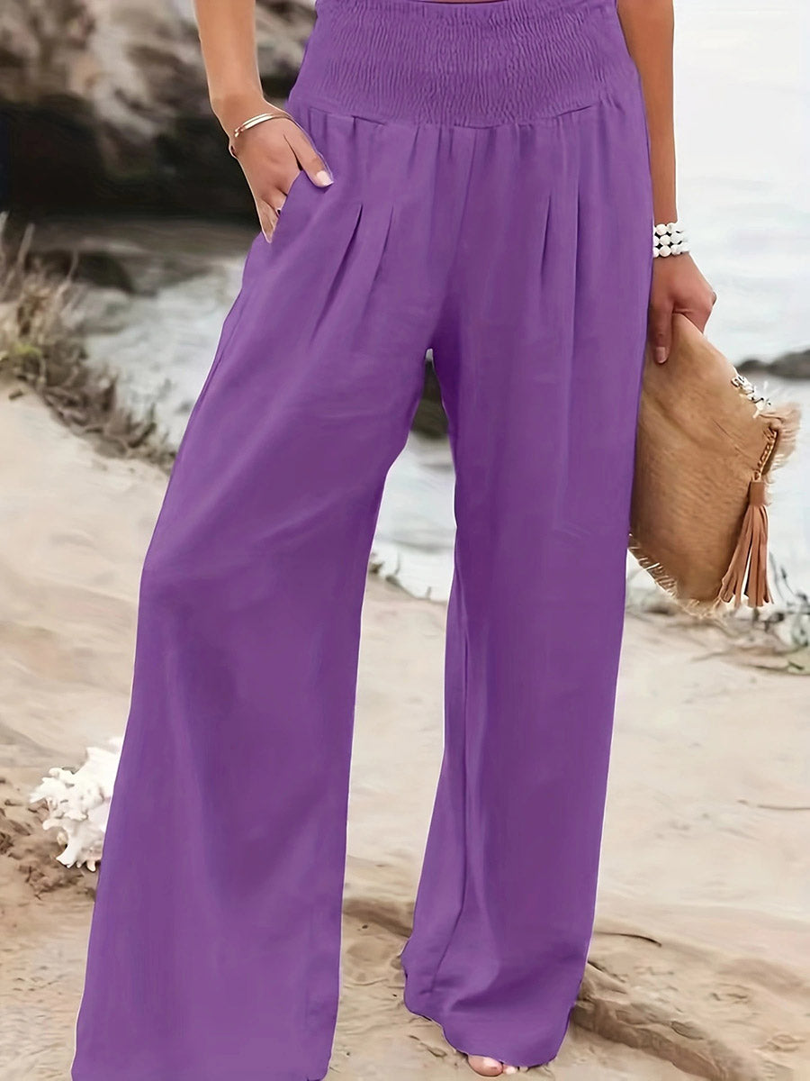 Elasticated Waist High Waisted Pleated Pockets Solid Color Split-Joint Pants