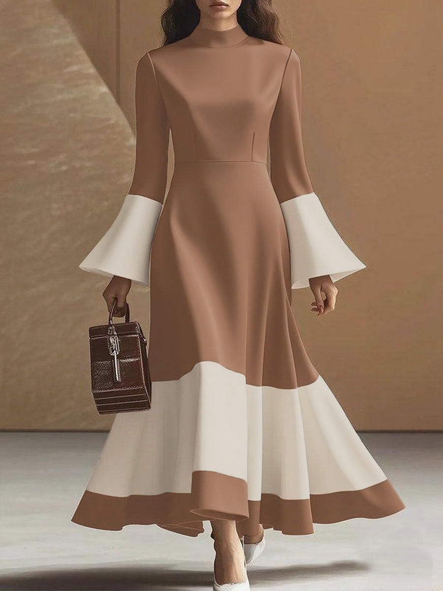 Flared Sleeves High Waisted Contrast Color Pleated Split-Joint Mock Neck Maxi Dresses