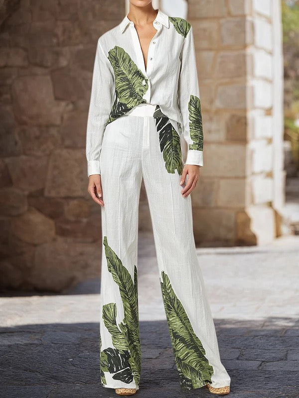 Long Sleeves Buttoned Leaves Print Lapel Blouses&Shirts Tops