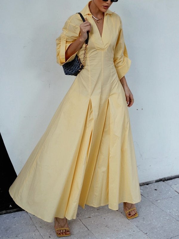 A-Line High Waisted Pleated Solid Color V-Neck Maxi Dresses Shirt Dress