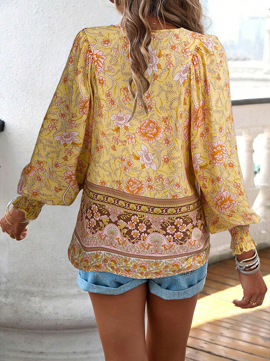 Long Sleeves Loose Contrast Color Drawstring Flower Print Pleated Split-Joint V-Neck Blouses&Shirts Tops