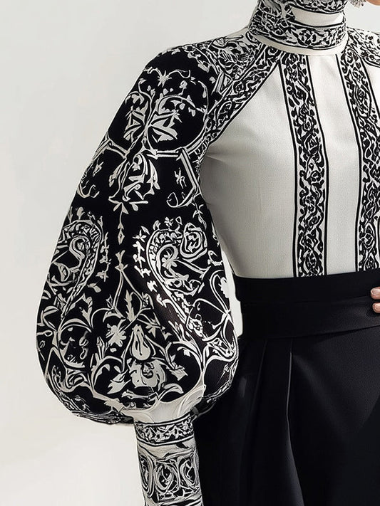 Long Sleeves Loose Contrast Color Flower Print High Neck Blouses&Shirts Tops