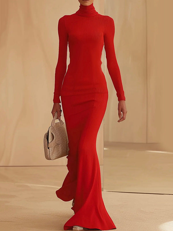 Long Sleeves Skinny Solid Color High Neck Maxi Dresses