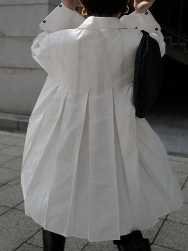 Long Sleeves Buttoned Pleated Solid Color Lapel Midi Dresses Shirt Dress