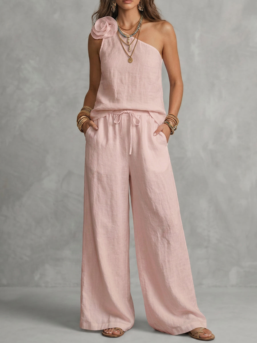 Loose Sleeveless Solid Color Three-Dimensional Flower One-Shoulder Tank Top