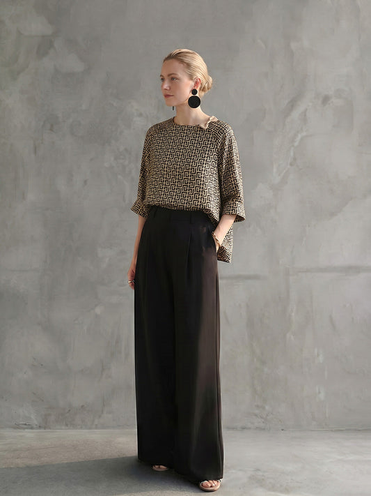 Long Sleeves Contrast Color Printed Round-Neck Blouses&Shirts Tops