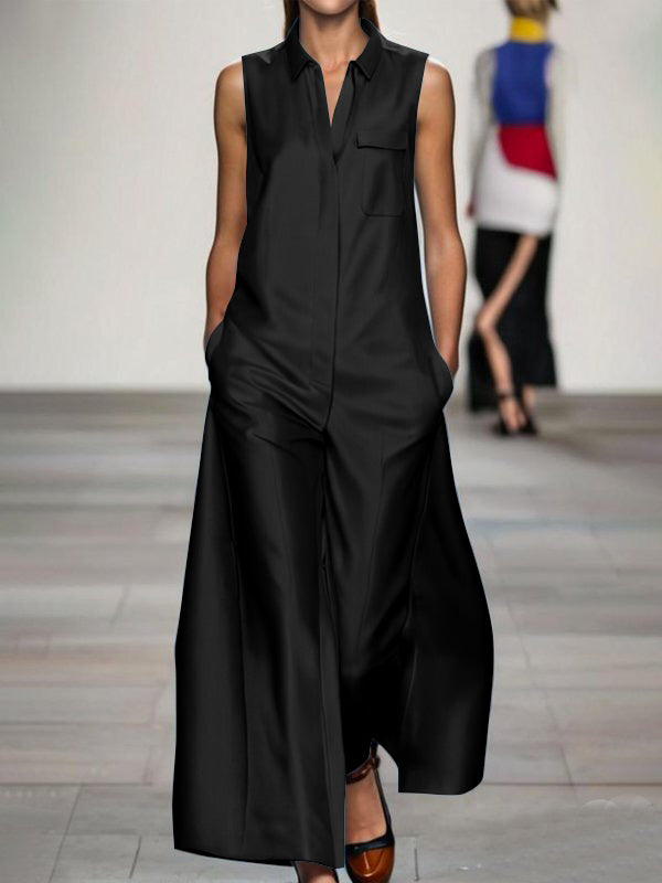 Loose Sleeveless Pockets Solid Color Lapel Jumpsuits
