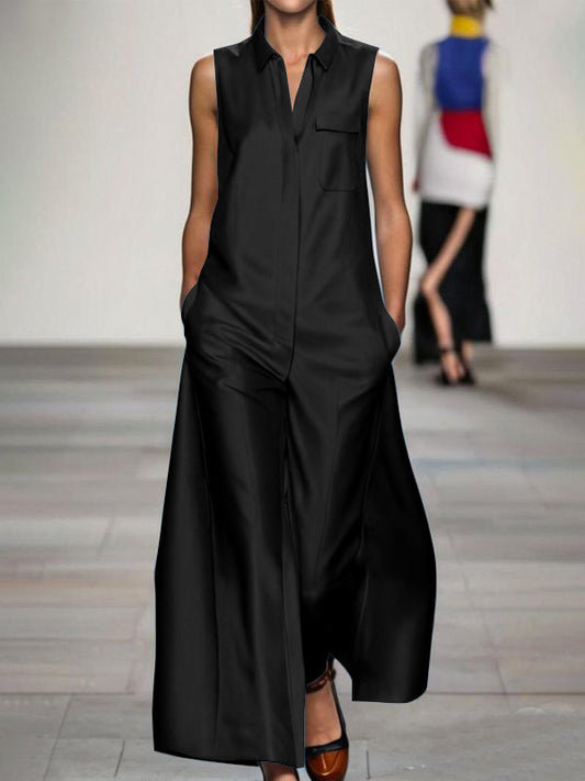 Loose Sleeveless Pockets Solid Color Lapel Jumpsuits