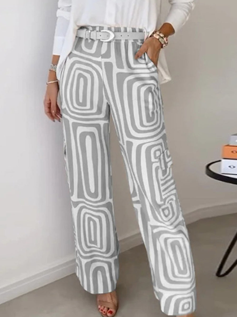 High Waisted Wide Leg Contrast Color No Belt Pockets Printed Pants Trousers