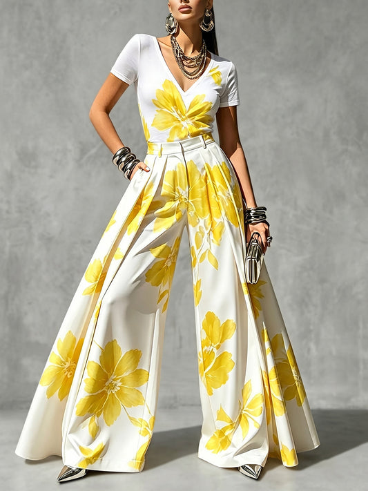 High Waisted Wide Leg Flower Print Pleated Pockets Pants Trousers