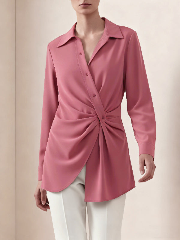 Long Sleeves Wrap Asymmetric Knot Pleated Lapel Blouses&Shirts Tops