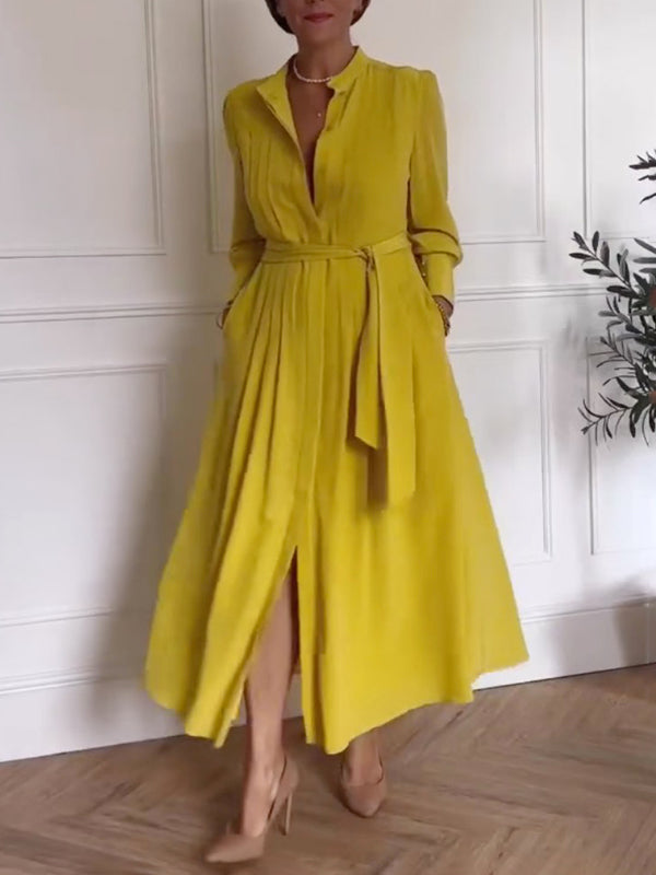 A-Line Long Sleeves Buttoned Pleated Pockets Solid Color Tied Waist V-Neck Maxi Dresses