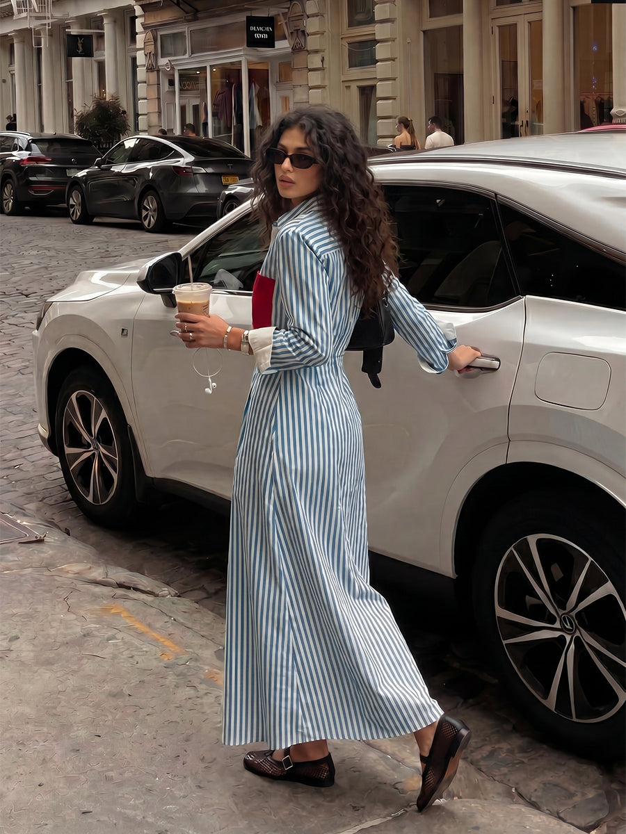 High Waisted Long Sleeves Buttoned Contrast Color Pockets Split-Joint Striped Lapel Midi Dresses