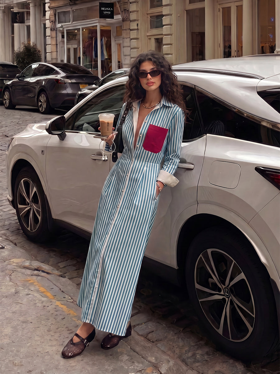 High Waisted Long Sleeves Buttoned Contrast Color Pockets Split-Joint Striped Lapel Midi Dresses