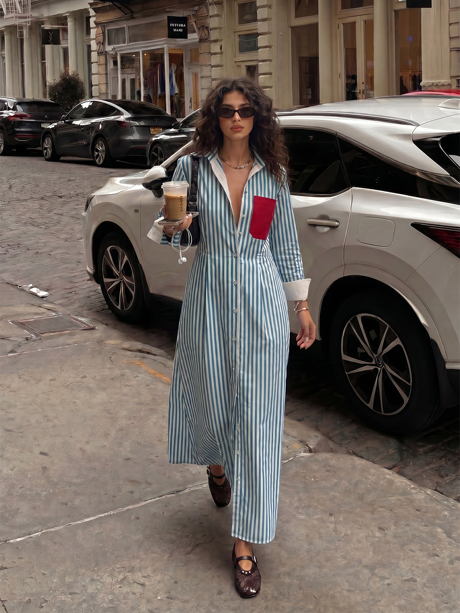 High Waisted Long Sleeves Buttoned Contrast Color Pockets Split-Joint Striped Lapel Midi Dresses