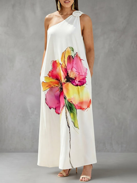 A-Line Loose Buckle Contrast Color Flower Print Pockets One-Shoulder Maxi Dresses