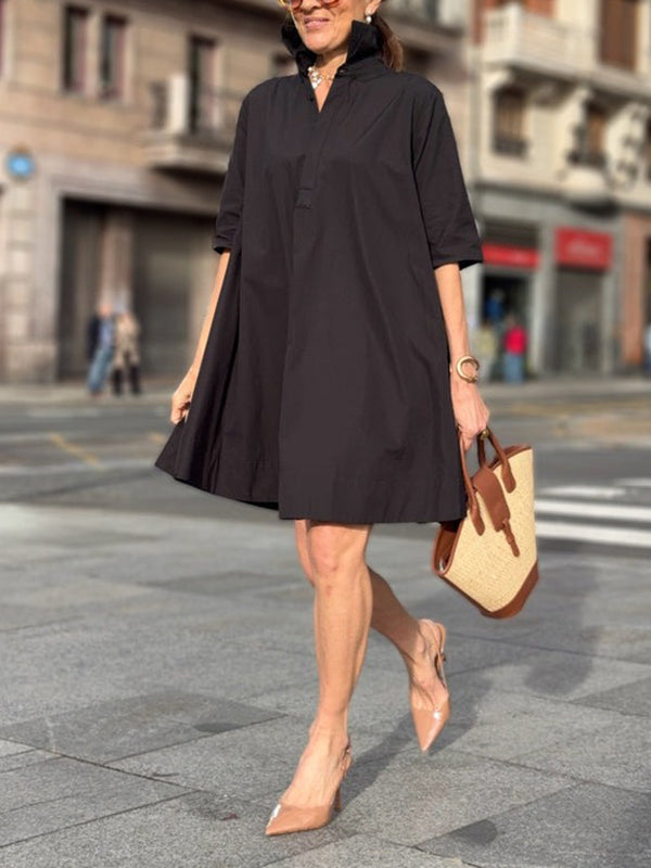 A-Line Short Sleeves Solid Color Split-Joint Lapel Mini Dresses Shirt Dress