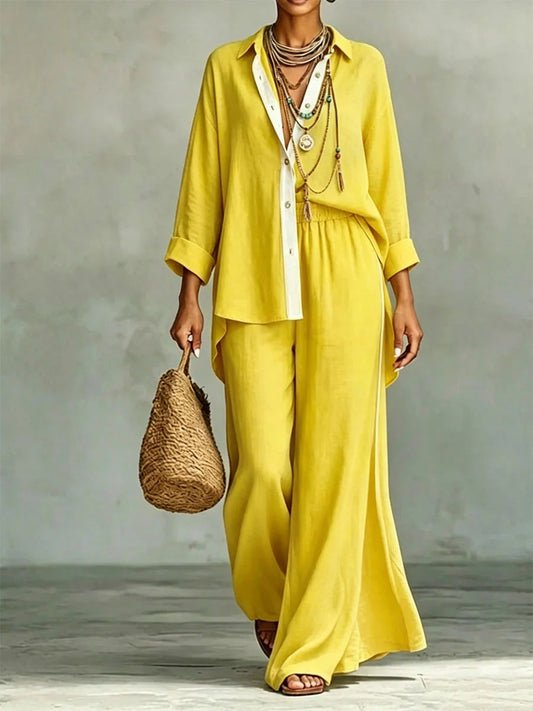 Long Sleeves Loose Buttoned Elasticity Solid Color Lapel Blouse Top + Pants Bottom Two Pieces Set