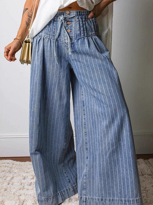 High Waisted Loose Drawstring Elasticity Pockets Jean Pants Bottoms