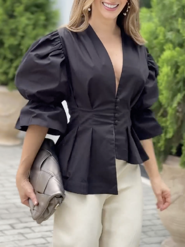 High-Low Puff Sleeves Asymmetric Buttoned Solid Color Deep V-Neck Blouses&Shirts Tops