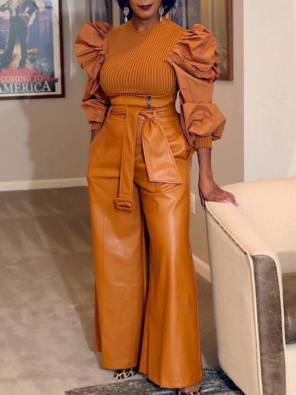 High Waisted Wide Leg Belted Solid Color Zipper Pants Trousers