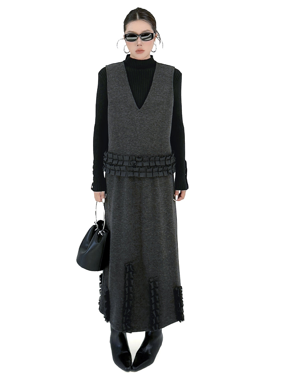 Contrast Color Ruffled Split-Joint V-Neck Vest Top + Elasticated Waist High Waisted Pleated Skirts Bottoms Two Pieces Set
